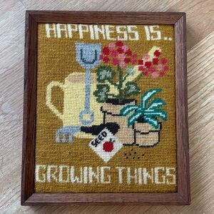 Vintage Folk Art Wood Framed Gardening/Planting Cross Stitch Wall Hanging 10x8.5